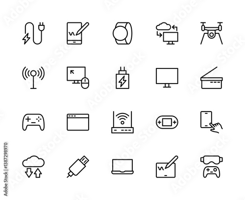 Electronic devices related vector linear icons set. Contains such icons as charger; smartphone; smart watch, Wi-Fi and more.
