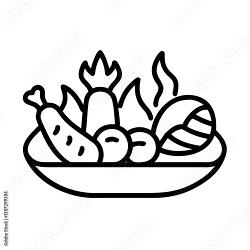Outline drawing of healthy food plate with vegetables and meat for restaurant menu and diet plan