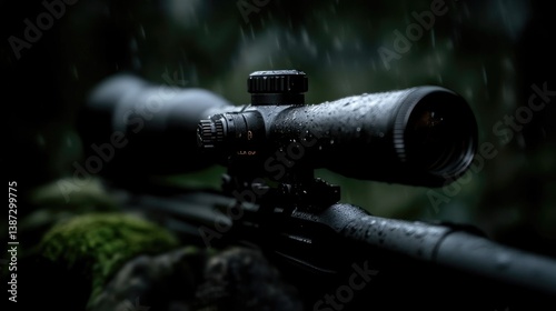 Hunting scope in the rain.  Close-up of a tactical rifle scope, wet and focused, in a dark, rainy forest environment