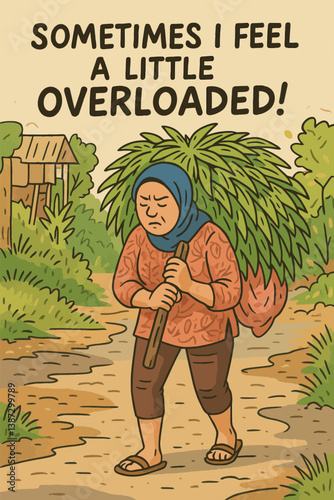 Woman Carrying Heavy Load Feeling Overwhelmed Walking on Rural Path