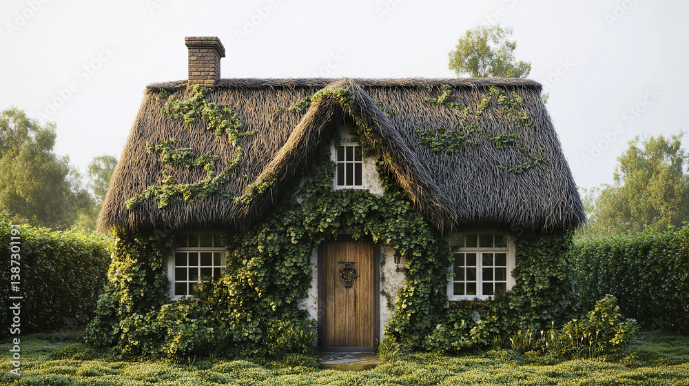 Fototapeta premium charming thatched cottage covered in ivy exudes rustic charm