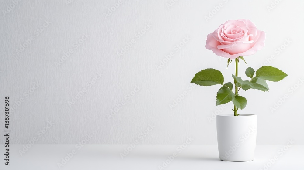 custom made wallpaper toronto digitalA single pink rose in white vase on minimalist white background, elegant floral arrangement, simple composition, and serene and calm setting.