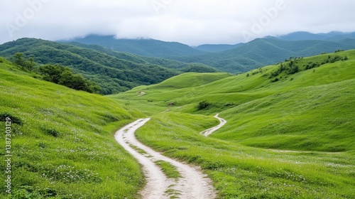 Winding Dirt Road Lush Green Hills Serene Natural Landscape High Resolution Wide Angle View Rolling Terrain Journey Through Nature Mountainous Background Verdant Peaceful Tones Travel Advertisement