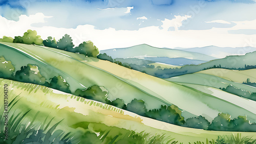 Green Rolling Hills Landscape in Watercolor Painting Style Illustration