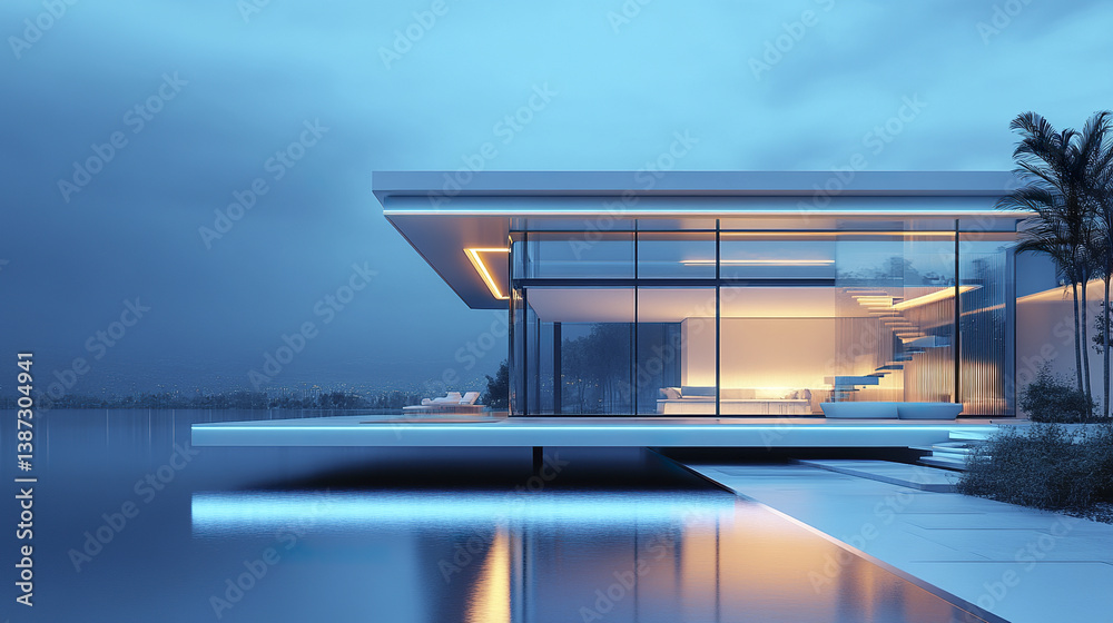 Fototapeta premium futuristic glass walled villa with serene water reflections