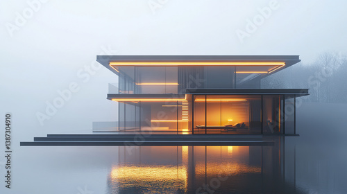modern glass walled villa with glowing lights on misty lake