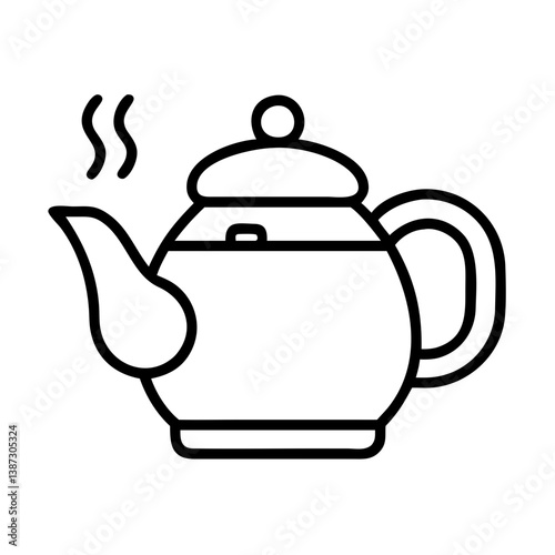 Teapot vector graphic for tea time illustration and kitchenware design with hot steam outline drawing