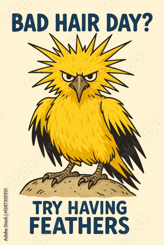 Humorous Bird Illustration with Feathers for Bad Hair Day Relief