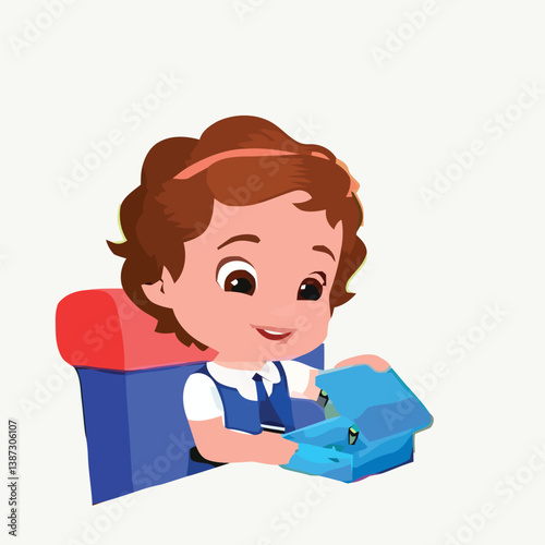 Cute Girl Opening a School Lunchbox