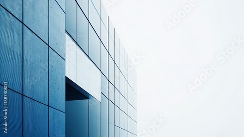 Modern building exterior sleek blue glass panels architectural design bright white sky backdrop