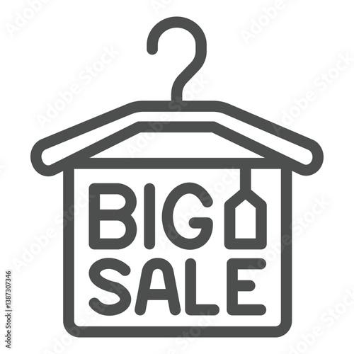 Hanger with big sale text banner and price tag line icon, black friday concept. Vector graphics. Banner on towel hanger, label sign on white background, outline style icon for mobile or web design.