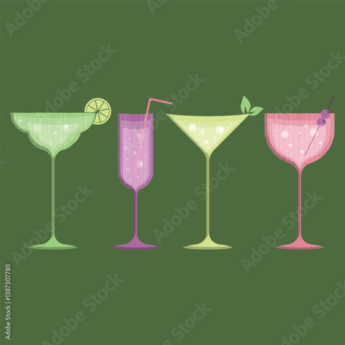 A set of glasses on an elegant stem, of different designs and colors, with a straw, a slice of lime, olives and mint on a green background.