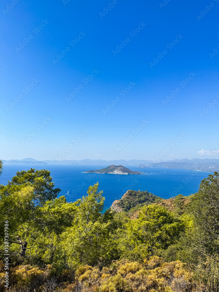 coastal panorama, beautiful seascape with bright blue skies, an island surrounded by sailboats, lush green hills, and trees coastal panorama, beautiful seascape with bright blue skies, an island surrounded by sailboats, lush green hills, and trees