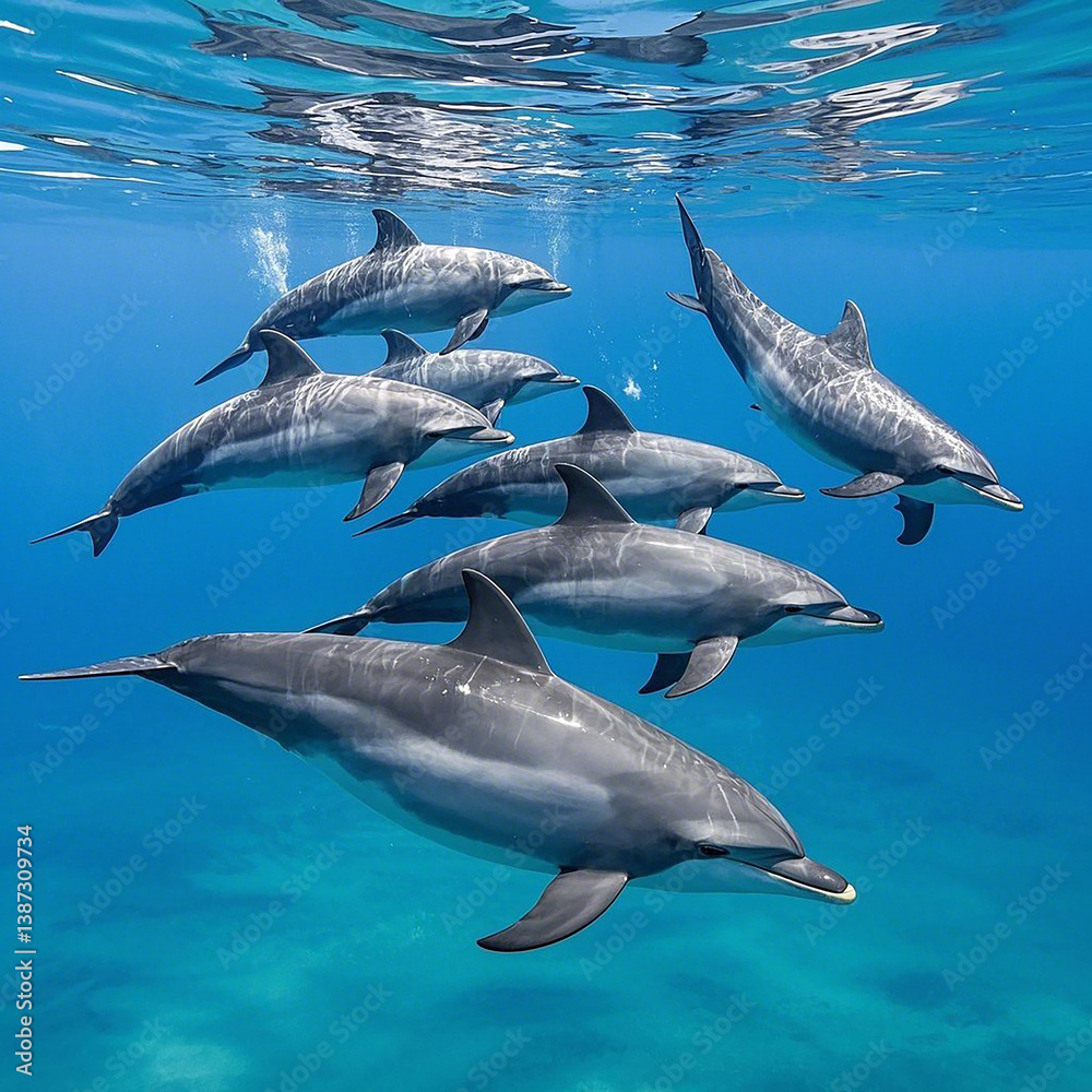 Fototapeta premium Group of dolphins swimming underwater.