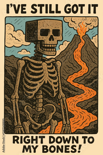 Skeleton Near Volcano Showing Determination in Vintage Style Illustration