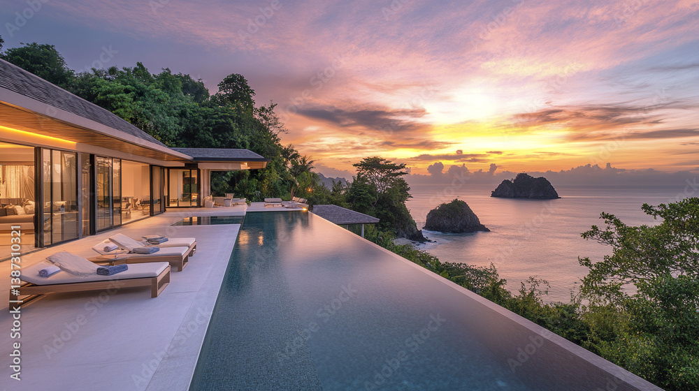 Fototapeta premium Luxurious beachside villa with open terrace and infinity pool at sunset
