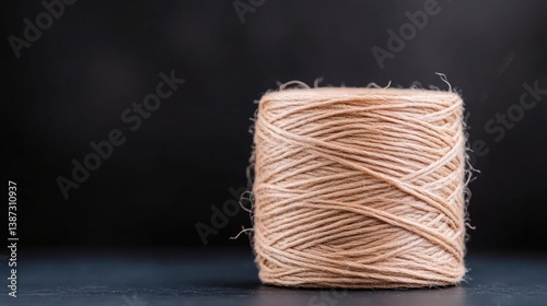 A neatly coiled spool of natural jute twine sitting on a dark surface, close-up view with shallow depth of field, and rustic and minimalist composition.