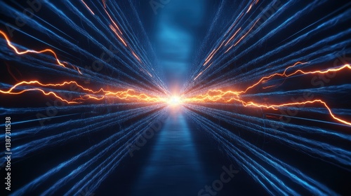 Abstract digital artwork depicting glowing light streaks converging into a bright center, symbolizing energy and movement