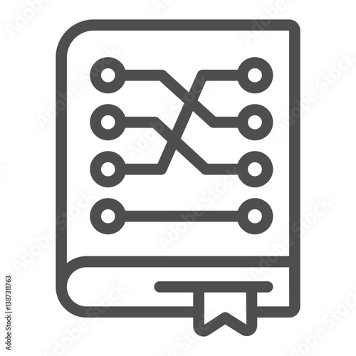 Training data book with bookmark line icon, neural network concept. Vector graphics. Language model, dataset sign on white background, outline style icon for mobile or web design.