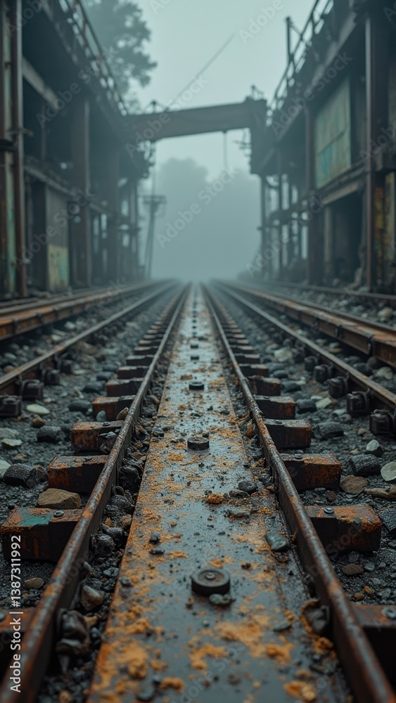 Rusty railway tracks in industrial setting with foggy atmosphere Rusty railway tracks in industrial setting with foggy atmosphere