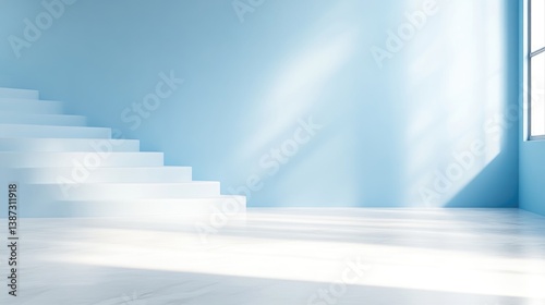 Empty light-blue room with white steps. Sunlight streams through a window