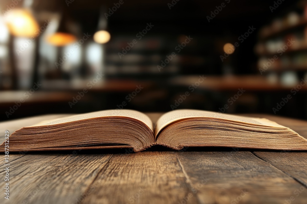 Fototapeta premium Open book on wooden table, cafe background