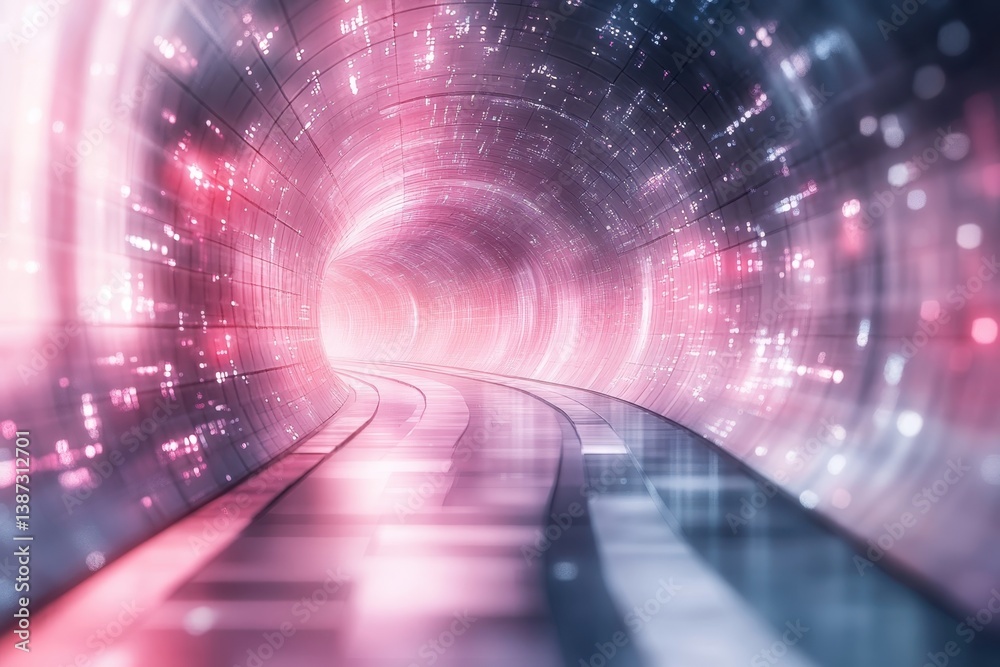 Obraz premium A vibrant, glowing tunnel with colorful lights and a distinct pathway leading towards the horizon
