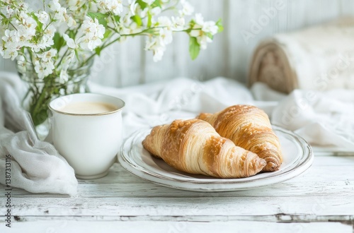 Classic Parisian breakfast, buttery croissants, a cup