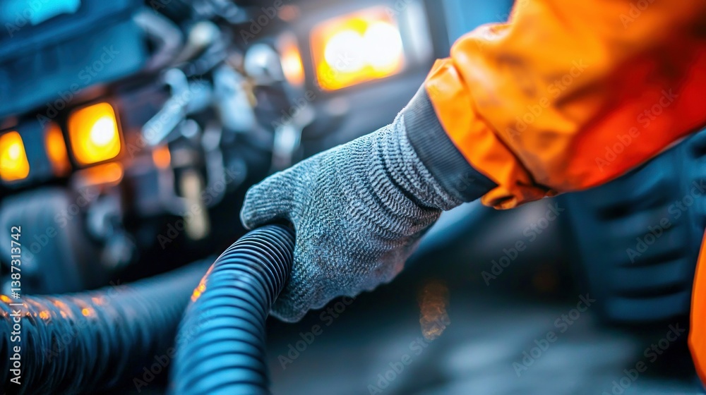 A worker's hand, wearing a glove, grips a large black hose in an industrial setting. A worker's hand, wearing a glove, grips a large black hose in an industrial setting.
