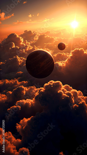 Dark Planets Silhouetted Against Golden Sunset With Dramatic Cloud Formation