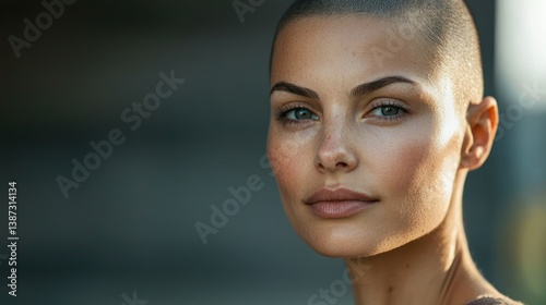 A woman with a shaved head embracing her natural beauty post-chemo.