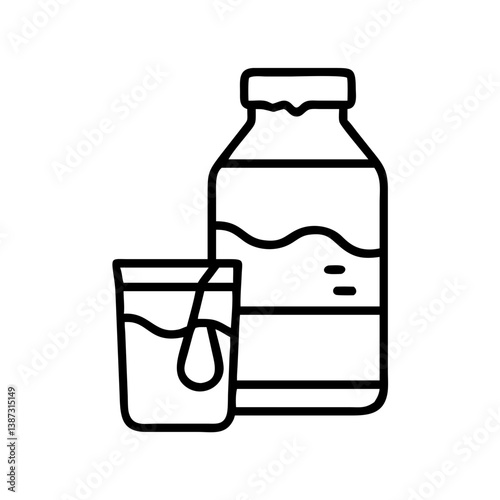 Bottle of liquid with glass and spoon vector illustration, health drink, medicine, syrup, potion,  character