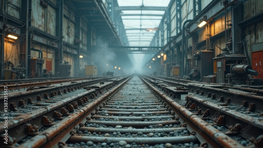 Rusty railway tracks in foggy industrial warehouse setting Rusty railway tracks in foggy industrial warehouse setting