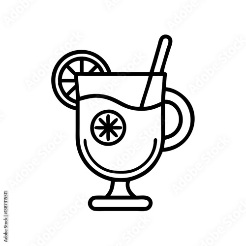 Outline drawing of mulled wine glass with orange slice and straw for winter holiday season drink recipe