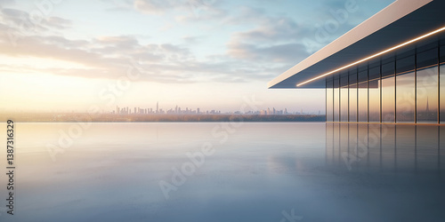 Concrete floor or slab, empty space or area at outdoor. Include modern building exterior of showroom, shop or store. Background design with sky, urban city for display auto car, automobile, automotive