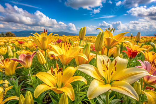 青空の下の黄色がメインの一面のユリの花畑
