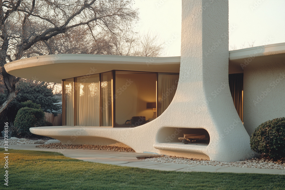 Sculptural White Fireplace in Organic Modern Home