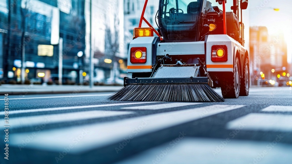 Fototapeta premium A street sweeper machine meticulously cleans a crosswalk on a city street during sunset.