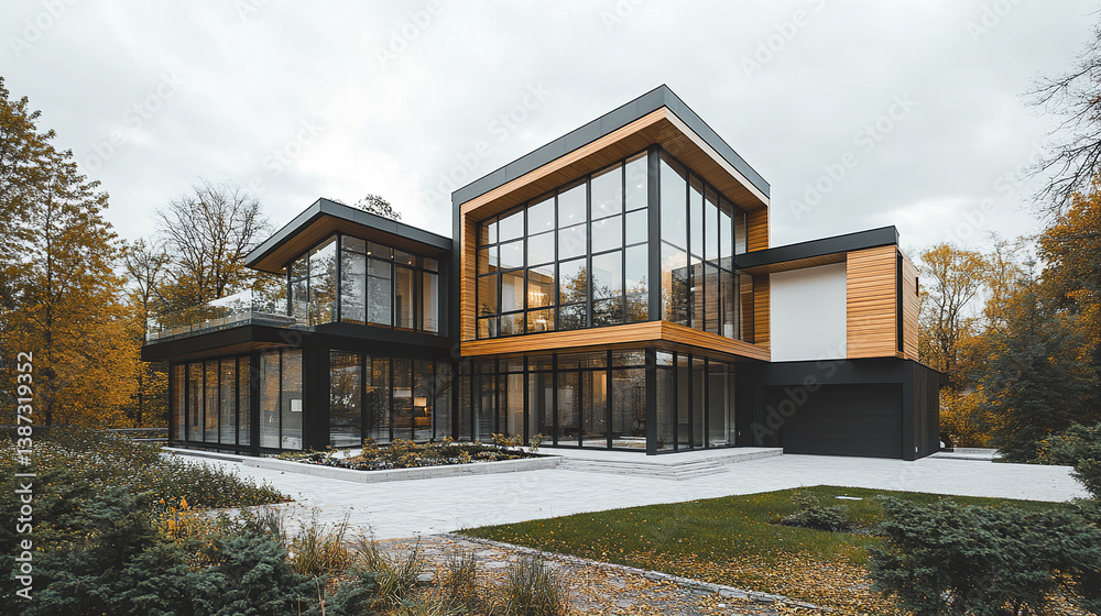Fototapeta premium modern detached house with sharp angular roofline and large glass windows