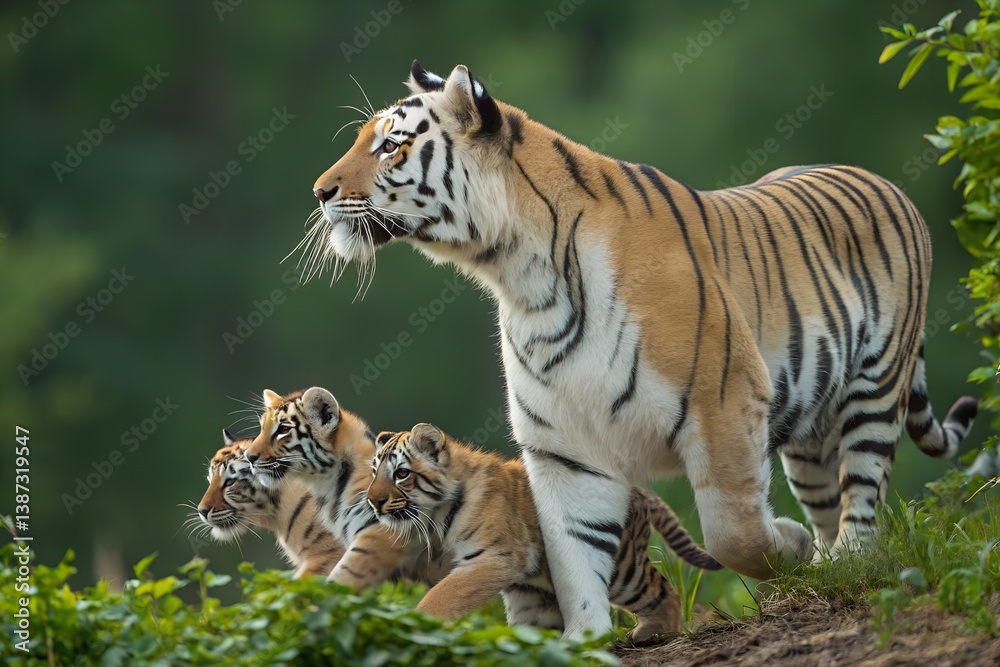 Fototapeta premium Golden Moments, A Mother Tiger and Cub in Autumn Tranquility