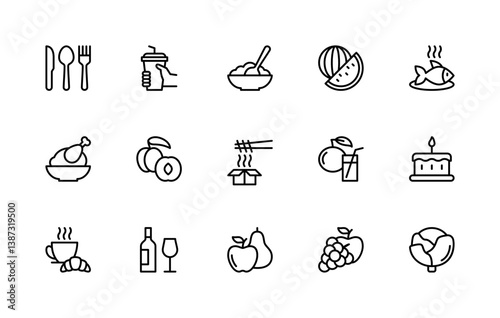 Food related vector linear icons set. Isolated icon collection such as watermelon, fish, chicken, peach, porridge and more.
