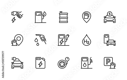 Petrol station related vector linear icons set. Isolated icon collection such as petrol station, filling station, petrol pump, fuel station and more.