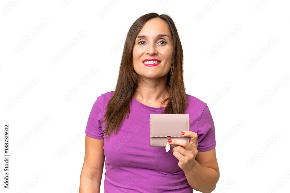 Middle-aged caucasian woman holding a wallet over isolated background smiling a lot Middle-aged caucasian woman holding a wallet over isolated background smiling a lot