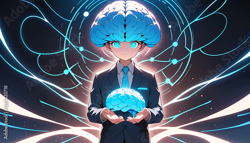 Businessman Holding Glowing Blue Brain Hologram Representing Artificial Intelligence and Innovation

