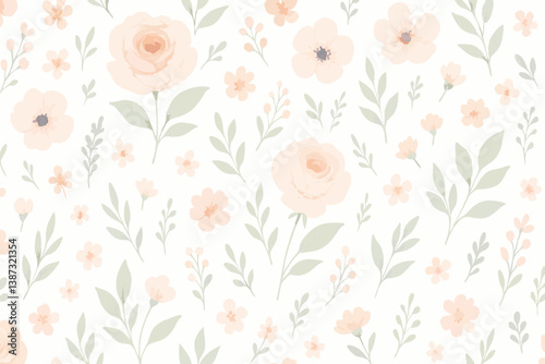 Elegant Watercolor Floral Pattern with Delicate Blush Pink Roses and Anemones, Soft Sage Green Leaves on White Background, Seamless Botanical Design for Wedding Stationery, Nursery Decor and Fabric