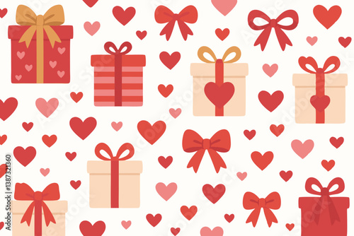 Romantic Valentine's Day Seamless Pattern with Gift Boxes, Decorative Bows and Heart Shapes in Red and Peach Colors for Greeting Cards, Wrapping Paper, Textile Design and Festive Decorations