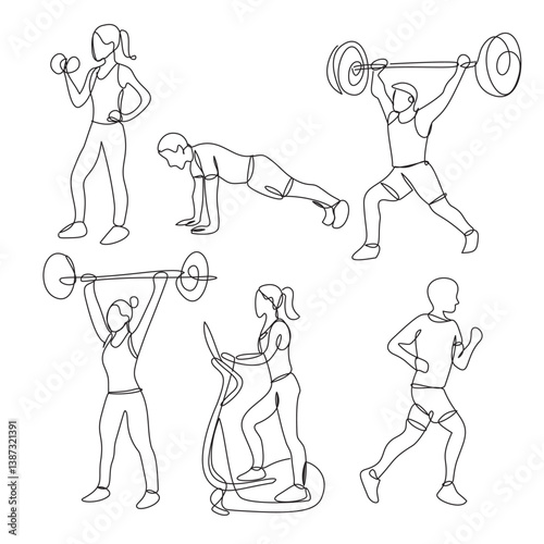 Line art drawing of woman and man workout using weight. Couple training in sport gymnasium club cente in one line drawing illustration. Running cardio workout