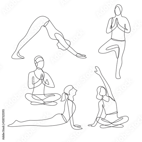Womens line art silhouettes. Collection of yoga or pilates poses. Asana set. Vector illustration. Healthy lifestyle