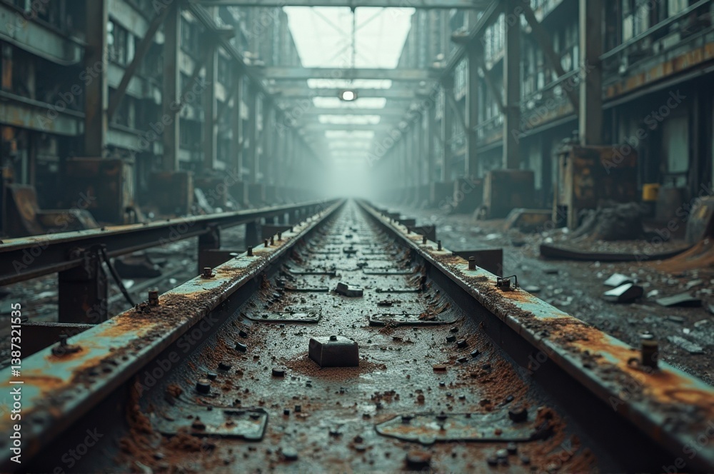 Obraz premium Abandoned industrial railway in foggy warehouse environment