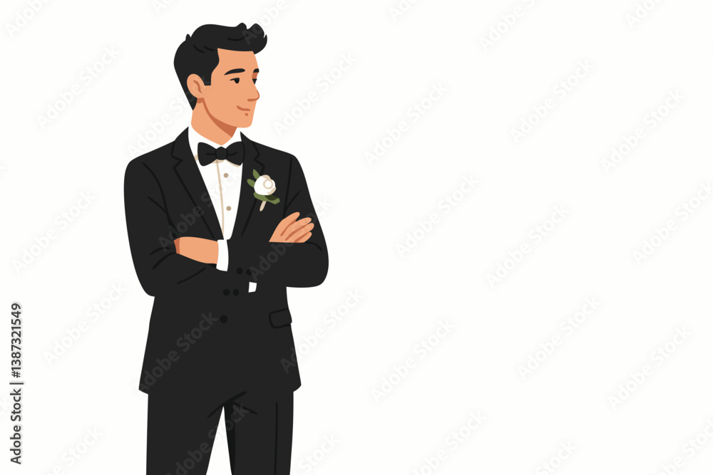Elegant Groom Vector Illustration with Black Tuxedo and White Boutonniere, Modern Minimalist Wedding Character Design for Invitations, Greeting Cards and Celebration Graphics Elegant Groom Vector Illustration with Black Tuxedo and White Boutonniere, Modern Minimalist Wedding Character Design for Invitations, Greeting Cards and Celebration Graphics